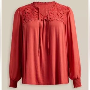 Torrid Super Soft Chiffon Sleeve Top With Lace Inset & Tie Detail